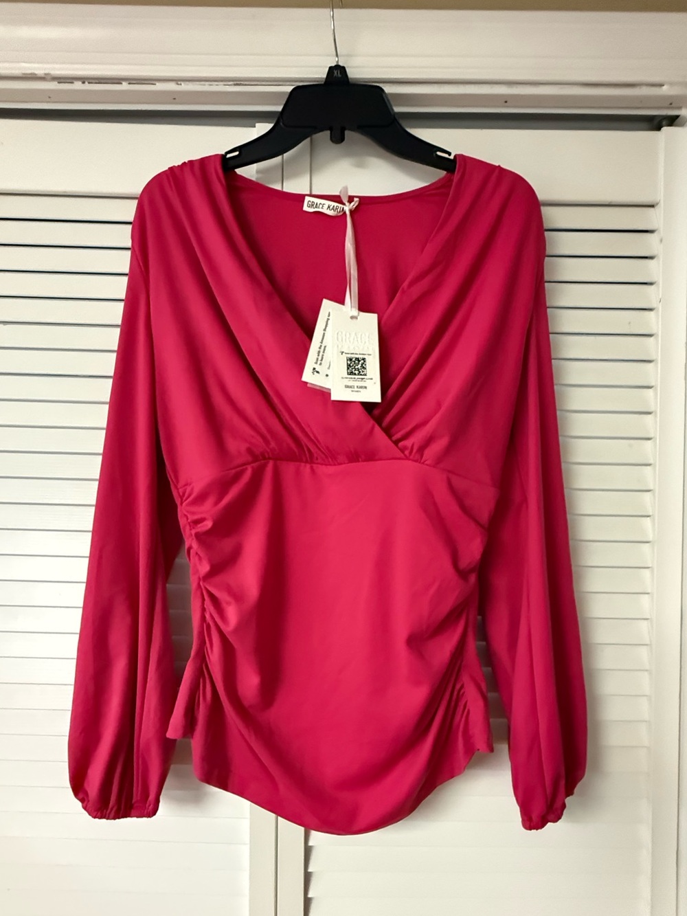 Grace Karin Hot Pink Wrap-Style Long Sleeve Blouse
